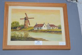 Riverside Windmill Scene Watercolour