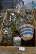 Wooden Wine Crate Containing Kilner Jars, etc.