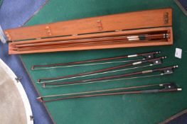 Wooden Violin Bow Case and Four Bows