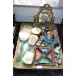 Tray Lot of Collectibles; Dressing Table Set, Small Dolls, Japanese Clown, Cake Decorations, etc.