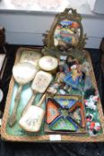 Tray Lot of Collectibles; Dressing Table Set, Small Dolls, Japanese Clown, Cake Decorations, etc.