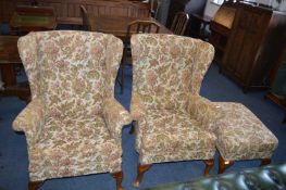 Two Parker Knoll Upholstered Wing Chairs and Matching Footstool