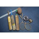 Vintage Sporting Equipment, Cricket Bats, Rugby Ball, Badminton Rackets and Fishing Reels