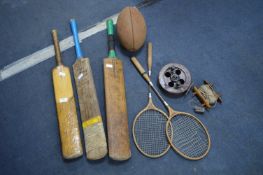 Vintage Sporting Equipment, Cricket Bats, Rugby Ball, Badminton Rackets and Fishing Reels