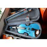 Blue Violin with Bow and Case