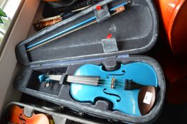 Blue Violin with Bow and Case