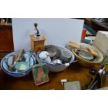 Kitchenalia; Enamel Bowls & Dishes, Brass Jam Pan, Coffee Grinder, etc.