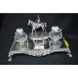 Silver Plated Ink Stand with Horse Racing Theme