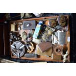 Tray Lot of Collectibles; Cigarette Cases, AA Badge, Hip Flask, Microscope, etc.