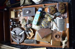 Tray Lot of Collectibles; Cigarette Cases, AA Badge, Hip Flask, Microscope, etc.