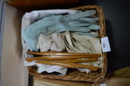 Basket of Vintage Ladies Gloves plus Stretchers, etc.