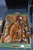 Box of Treen Items; Candlesticks, Clocks, Bowls, etc.