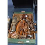 Box of Treen Items; Candlesticks, Clocks, Bowls, etc.