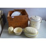 Vintage Wooden Port Crate Containing Enamel Kitchenware
