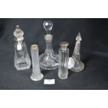 Five Cut Glass Crystal Items; Decanter, Scent Bottles, etc. with Silver Lids and Collars