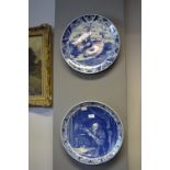 Two Blue & White Dutch Delft Wall Chargers - The Scribe and a Dairy Cart