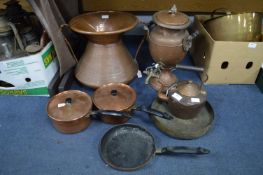 Quantity of Copper Ware; Kettles, Eastern Vase, etc.