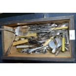 Wooden Box of Plated and Wood Handled Cutlery, etc.