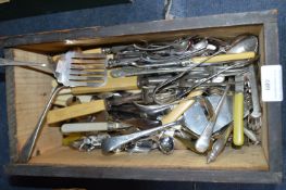 Wooden Box of Plated and Wood Handled Cutlery, etc.