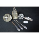 Small Group of Sterling Silver Items; Dressing Set, Scent Bottle and a Match Striker