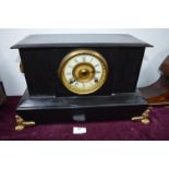 Black Slate Mantel Clock with Brass & Enamel Face, and Gilt Rams Heads Detail
