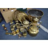 Box of Brassware; Kettles, Trays, Bowls, etc.