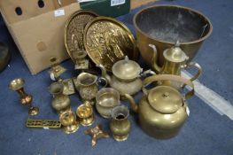 Box of Brassware; Kettles, Trays, Bowls, etc.