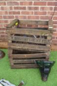 Two Vintage Wooden Crates, Cast Iron Rain Hopper, etc.