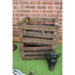 Two Vintage Wooden Crates, Cast Iron Rain Hopper, etc.