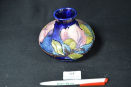 Moorcroft Magnolia Pattern Squat Vase on Blue Ground