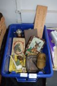 Tray Lot of Collectibles; Pipes, Ashtrays, Music Box, Jade Cat, etc.