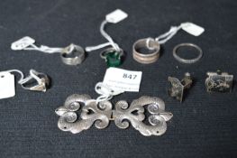 Five Silver Rings, Silver Belt Buckle and a Pair of Silver Cuff links