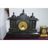 Large Black Slate Mantel Clock with Brass Column Supports and Face