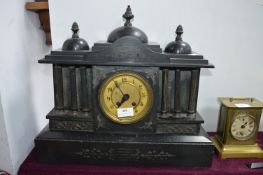 Large Black Slate Mantel Clock with Brass Column Supports and Face