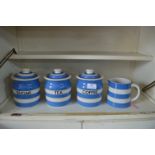 Three T.G. Green Blue & White Cornish Ware Storage Jars plus Matching Jug