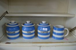 Three T.G. Green Blue & White Cornish Ware Storage Jars plus Matching Jug