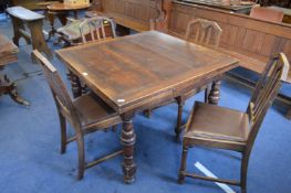 1930's Oak Extending Dining Table with Four Matching Leatherette Upholstered Chairs