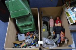 Two Boxes of Action Men, Figures, Jeep and assorted Playworn Toys