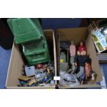 Two Boxes of Action Men, Figures, Jeep and assorted Playworn Toys