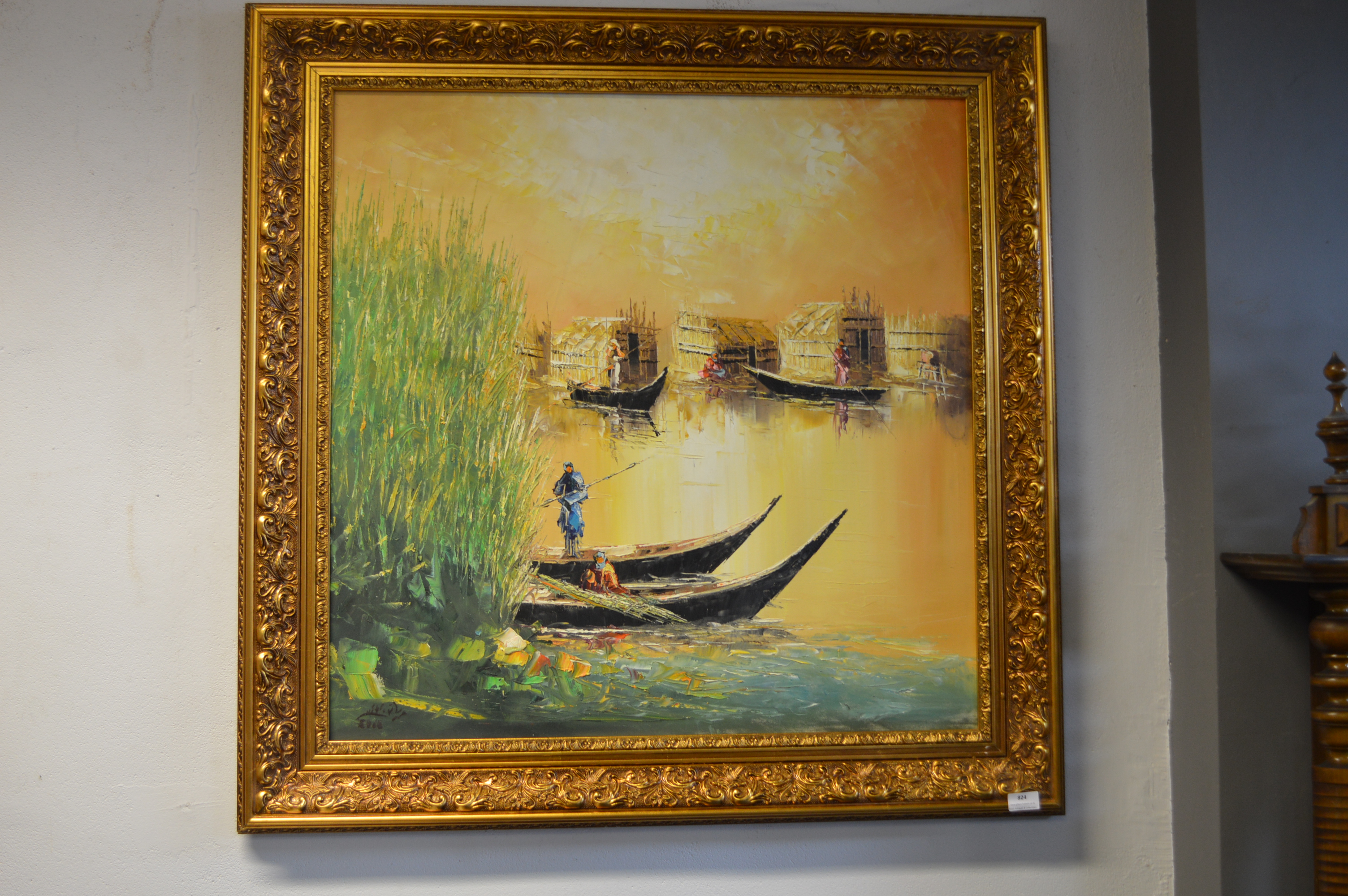 Ornate Gilt Framed Oil on Canvas by Riyadh Alqisee - Iraq Marsh Arabs