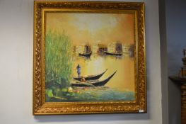 Ornate Gilt Framed Oil on Canvas by Riyadh Alqisee - Iraq Marsh Arabs