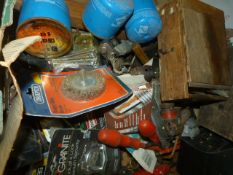 Box of Assorted Tools, Camping Gas Refills, Padloc