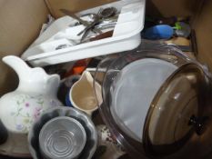 Box of Cutlery, Kitchen Tools, etc.