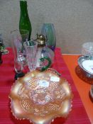 Carnival Glass Dish, Oil Lamp and Assorted Coloure