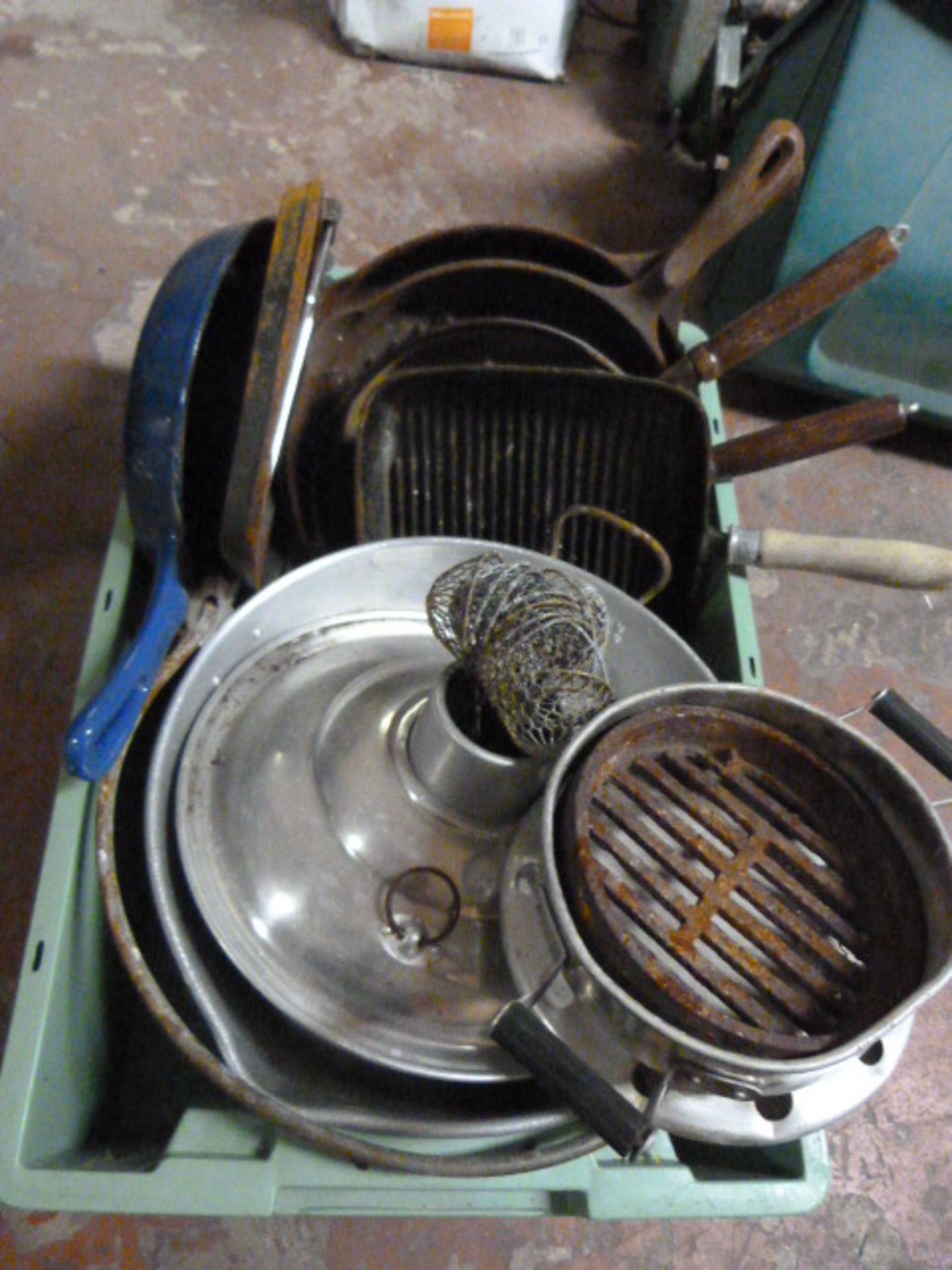 Box of Assorted Iron Pans, Aluminum Jam Pan etc