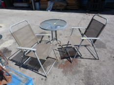 Metal Framed Glass Topped Garden Table with Two Folding Chairs