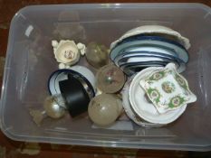 Box of Enamelware, China and Domed Ornaments