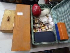 Sewing Basket and Contents plus Two Small Wooden Boxes