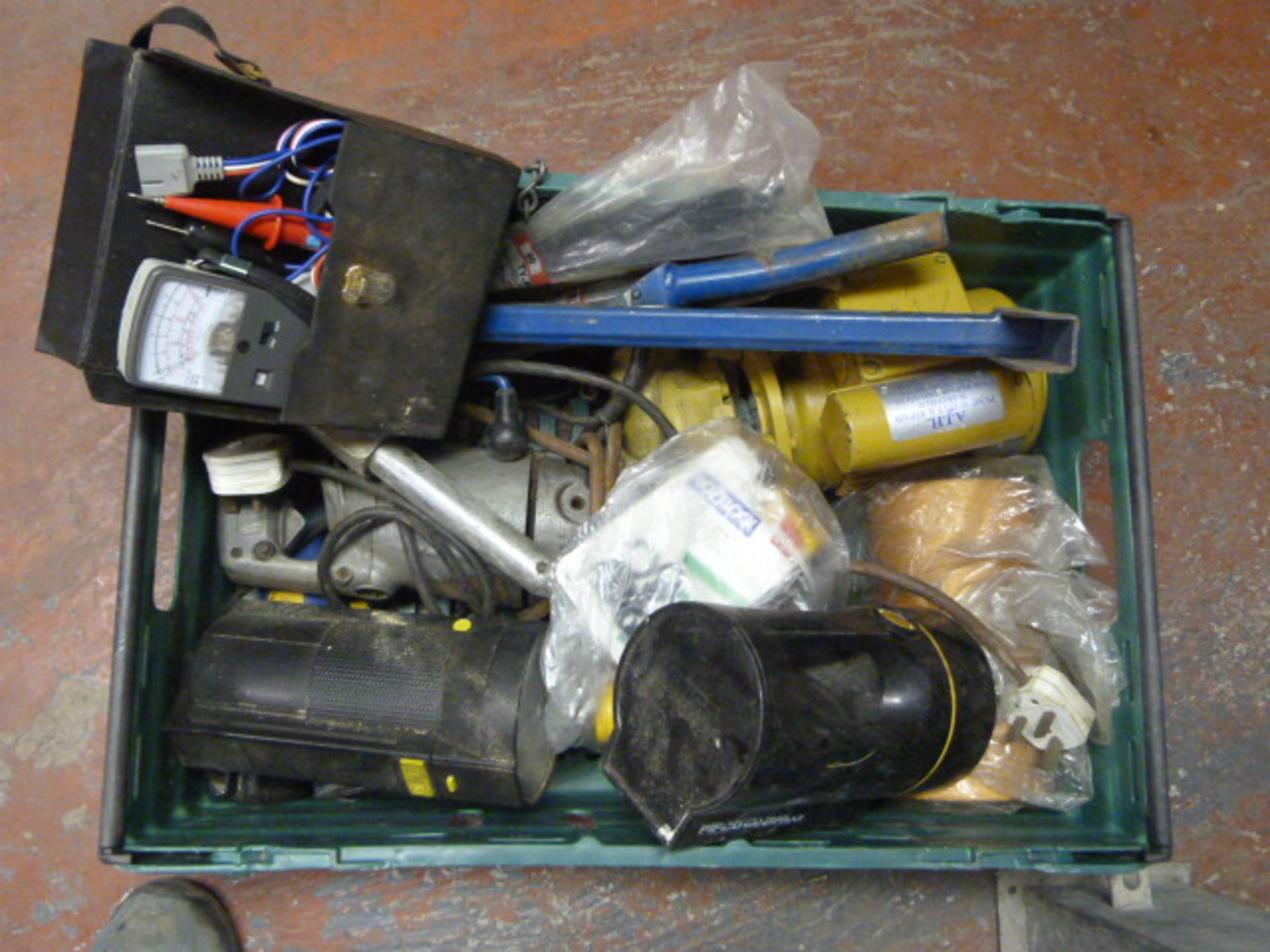 Mixed Box including Lamps, Clamp Tester, Drills etc