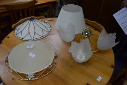 Three Modern Cream Lamp Shades and a Ceiling Light Fitting